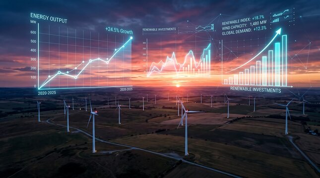 Renewable energy analytics overlay on wind farm landscape during colorful sunset.