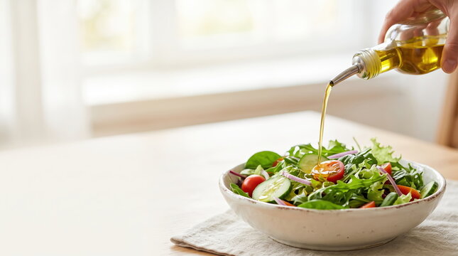 Pouring golden olive oil over a fresh salad for healthy cooking