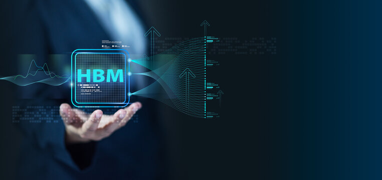 Corporate leader showcases high bandwidth memory (HBM)semiconductor hologram beside neural data stream driving artificial intelligence computing and enterprise server efficiency