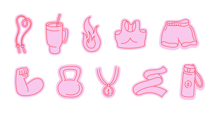 Vector sketch doodle illustration in trendy line style, fit and gym, wellness concept, feminine character and mascot related to fitness, pilates, sport and healthy lifestyle