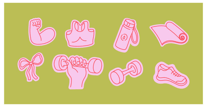 Vector sketch doodle illustration in trendy line style, fit and gym, wellness concept, feminine character and mascot related to fitness, pilates, sport and healthy lifestyle