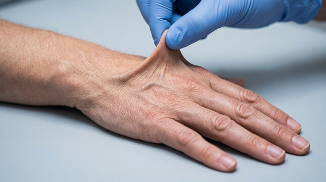 Ehlers Danlos syndrome skin hyperextensibility hand examination, close up test showing stretchy skin and connective tissue disorder