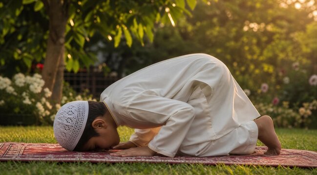 Muslim Boy Praying on Rug in Sunny Garden at Sunset