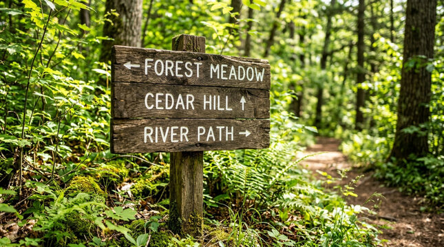Wooden trail sign in lush green forest pointing to Forest Meadow, Cedar Hill, River Path.