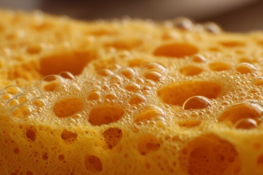 Close view of a yellow sponge showing bubbles and texture during cleaning activity in a kitchen
