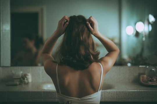 Woman in bathroom preparing hair while looking in mirror during evening