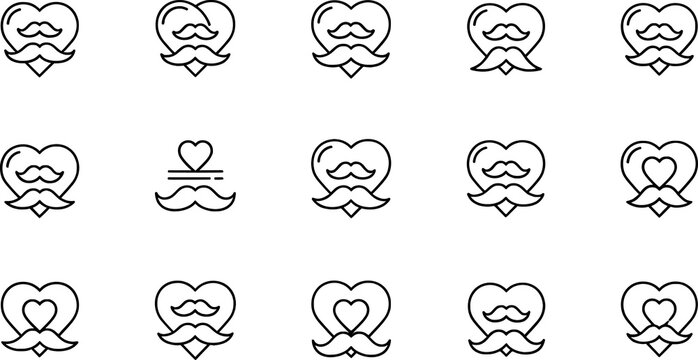 Heart and mustache icon collection illustration, love and style concept, minimalist black line vector design showing romantic facial motif variations