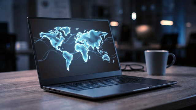 世界地図のネットワーク画面を映すノートパソコン