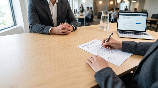 HR manager holding pen while interviewing candidate at office desk
