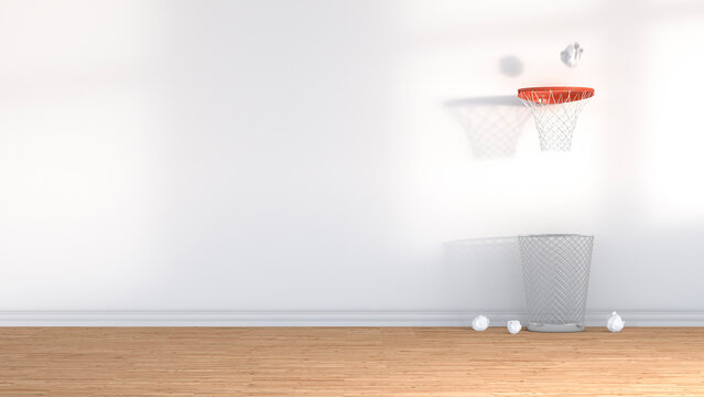 3D Rendering, wastepaper basket under basketball hoop