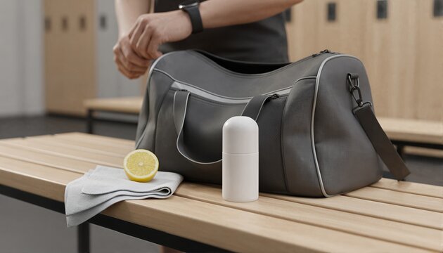 White personal care spray in a gym bag with fresh lemon
