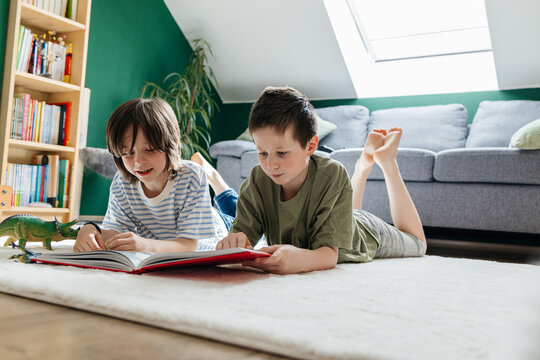 Brothers read a book together on the living room floor