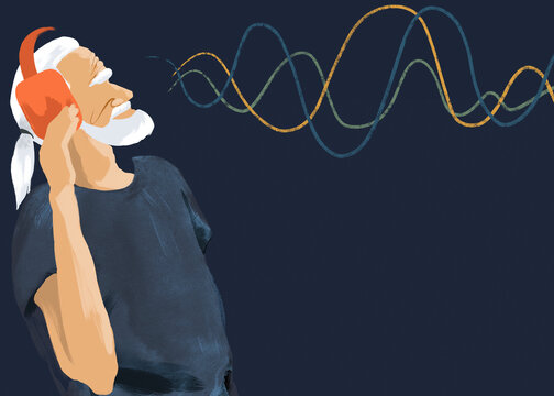 Illustrated senior man listens to music with orange headphones