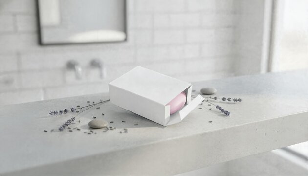 White soap box on minimalist stone bathroom shelf with dried lavender