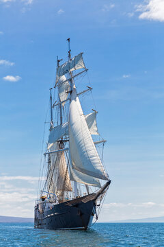 Pacific Ocean, sailing ship under sail at Galapagos Islands