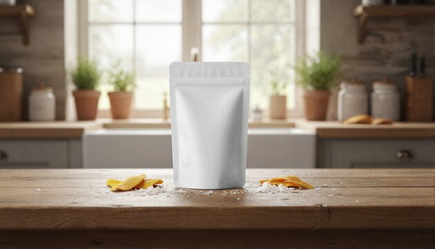 White stand-up pouch among dried mango slices on a sunlit farmhouse kitchen table