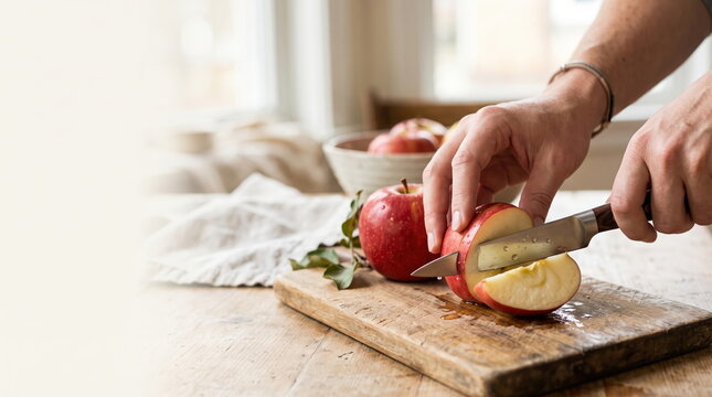 Hands slicing a fresh red apple for healthy meal preparation
