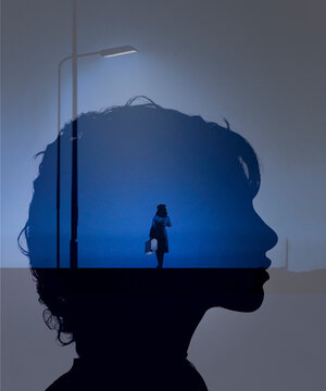 Silhouette profile of woman shows a night journey with suitcase