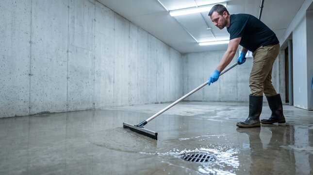 Flood cleanup worker pushing residual basement water toward floor drain, professional water removal service, final extraction and residential restoration process
