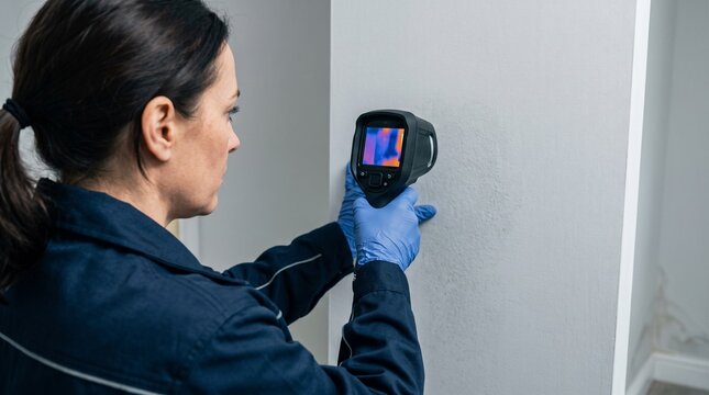 Thermal imaging inspection of damp wall after flooding, professional restoration technician assessing hidden moisture during residential water damage cleanup