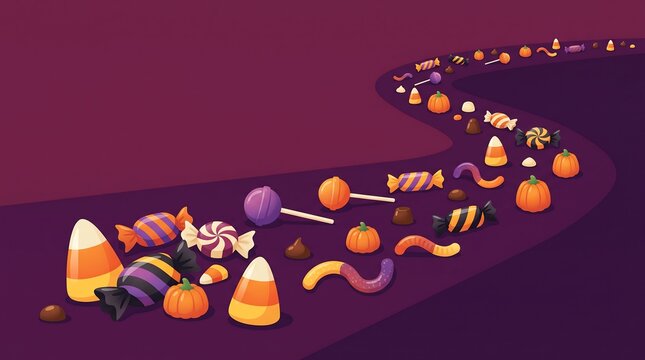 Colorful Halloween candy and pumpkins in a 3D arrangement on a purple background.