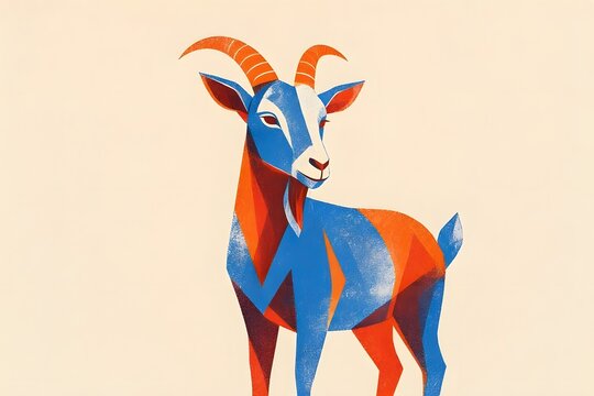Flat vector style colorful goat profile with blue fur and orange horns on beige background.