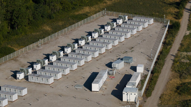Aerial drone view captures a battery energy storage system facility
