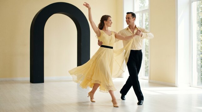 Two Adult Ballroom Dancers Summer Promenade Step with Butter Yellow Chiffon Dress and Black Arch &mdash; Cinematic Lightness