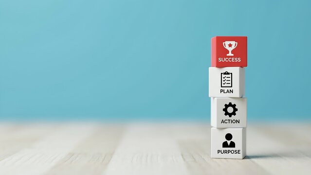 A stack of four blocks illustrating a path to success: Purpose, Action, Plan, and Success. Each block has a clear icon and word, set against a light blue background