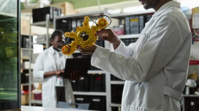 Young adult male engineer inspecting yellow underwater robotic drone while young adult African American female colleague working on laptop. Video suitable for marine technology marketing