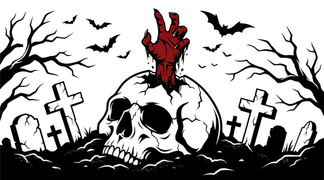 Creepy zombie hand emerging from a cracked skull in a graveyard and, halloween, happy halloween 2026, halloween 2026, halloween png isolated on transparent background