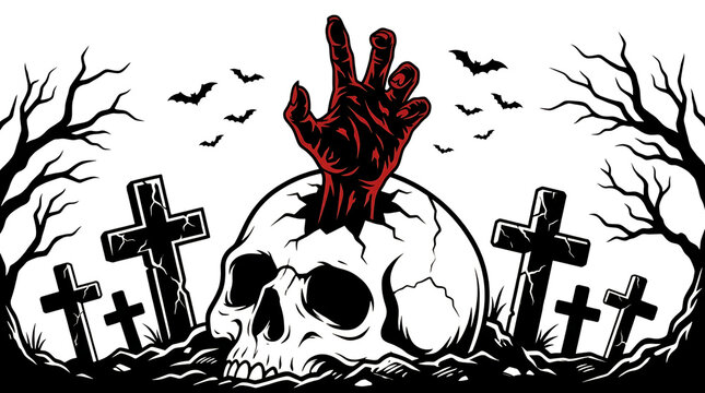 Zombie hand emerging from a cracked skull in a graveyard isolated on transparent background and, halloween, happy halloween 2026, halloween 2026, halloween png