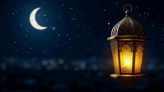 Hanging ornate lantern glowing against dark night sky with crescent moon. Islamic festival celebration background concept for holy Ramadan or Eid al-Fitr holiday.