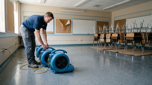 Classroom flood restoration worker positioning air movers on damp floor, professional institutional drying, water damage cleanup and educational facility recovery