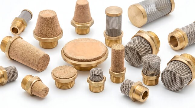 Brass pneumatic mufflers and silencer filters with sintered bronze mesh.