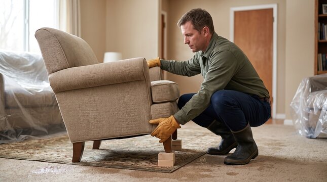 Flood restoration worker raising armchair on furniture blocks, professional contents protection, residential water damage cleanup and drying preparation