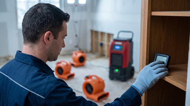 Drying monitor used during flood restoration, professional technician tracking room conditions with air movers and dehumidifier after residential water damage