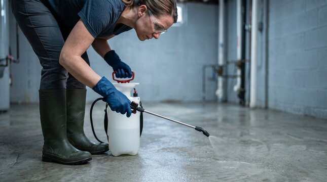 Flood cleanup worker applying cleaning solution to concrete basement floor, professional post flood surface cleaning and residential restoration service