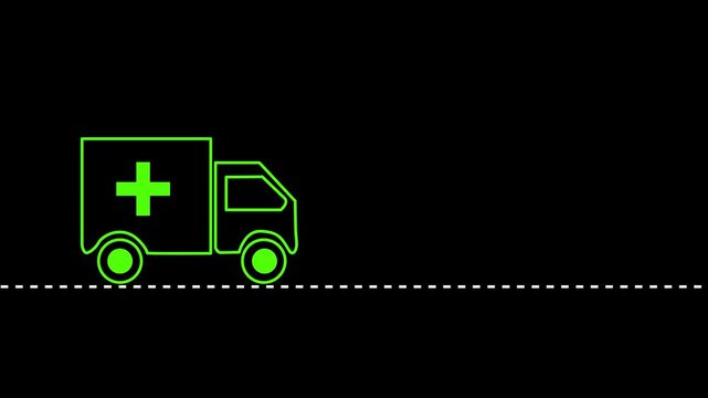 Ambulance icon shines with vibrant green light while traveling across a dark background, representing emergency medical transport services and rapid response life-saving operations during late night.
