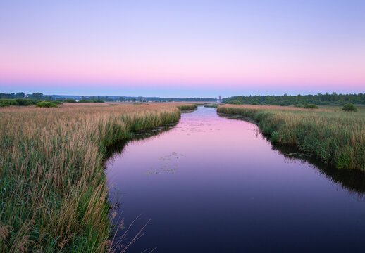 Germany, Baden-Wuerttemberg, Swabia, Upper Swabia, Bad Buchau, Lake Feder, canal in the morning