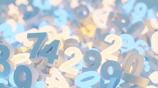 Floating random digital numbers in soft blue light abstract backdrop.