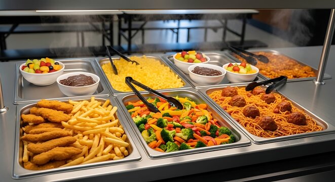 A commercial cafeteria food buffet line featuring hot dishes including pasta meatballs vegetables french fries and fresh fruit bowls