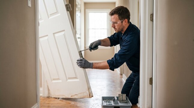 Water damaged interior door removal by flood cleanup technician, professional residential restoration, controlled repair preparation after flooding and swelling