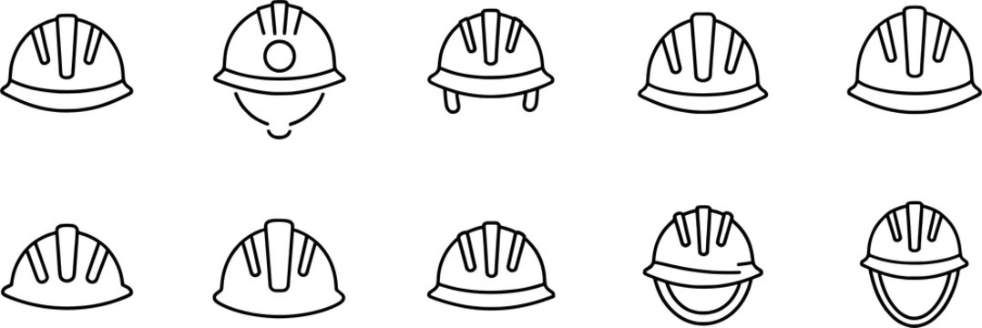 Black and white construction helmet icon set, safety industrial protective gear symbol collection, minimal vector artwork illustration style design