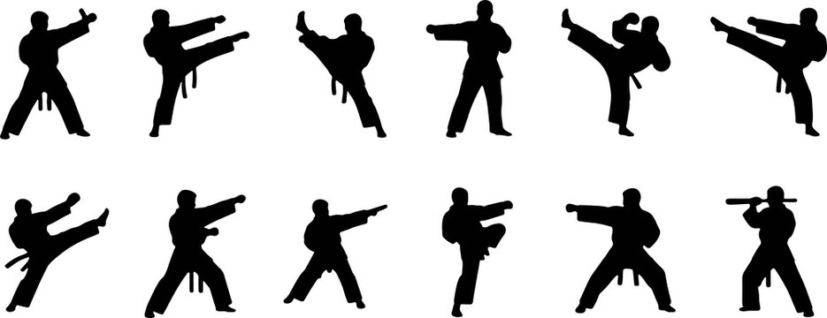 Black silhouette martial arts karate taekwondo icons, fighting kick punch stance training discipline vector illustration set, minimal artwork symbols