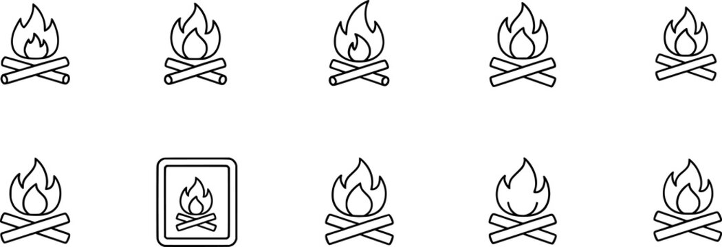 Campfire silhouettes collection, flame icons, outdoor fire illustration, camping design, minimalist black vector artwork
