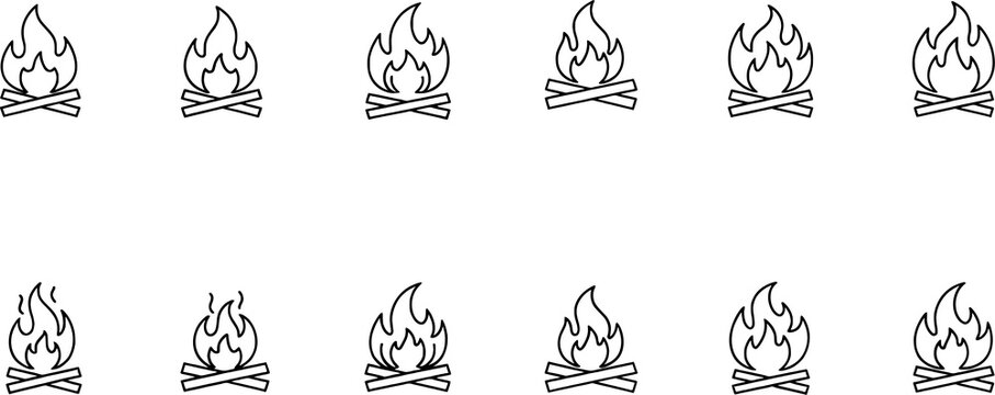 Campfire silhouettes collection, fire icons, outdoor flame illustration, camping design, minimalist black vector artwork