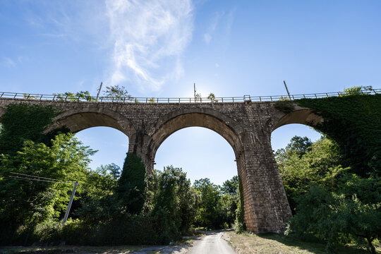 Historic stone arched railway bridge surrounded by green trees and ivy on a sunny day. A small rural road passes under the historic viaduct.