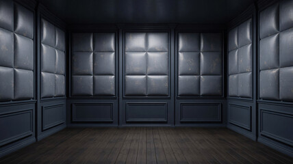 Naklejka premium Luxury interior space with dark blue quilted wall panels and wood floors