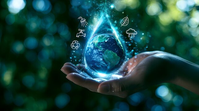 Glowing water drop with earth globe in cupped hands, environmental sustainability concept, glowing blue planet earth conservation